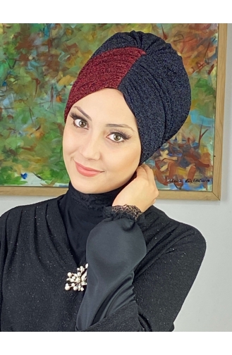 Bonnet Extérieur Froncé Double Couleur Modèle Sultan 1ARA181222-03 Noir Rouge Bordeaux 1ARA181222-03