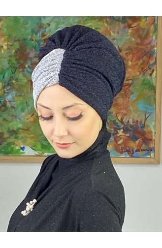 Sultan Model Double Color Gathered Outer Bonnet 1ARA181222-04 Black Gray 1ARA181222-04