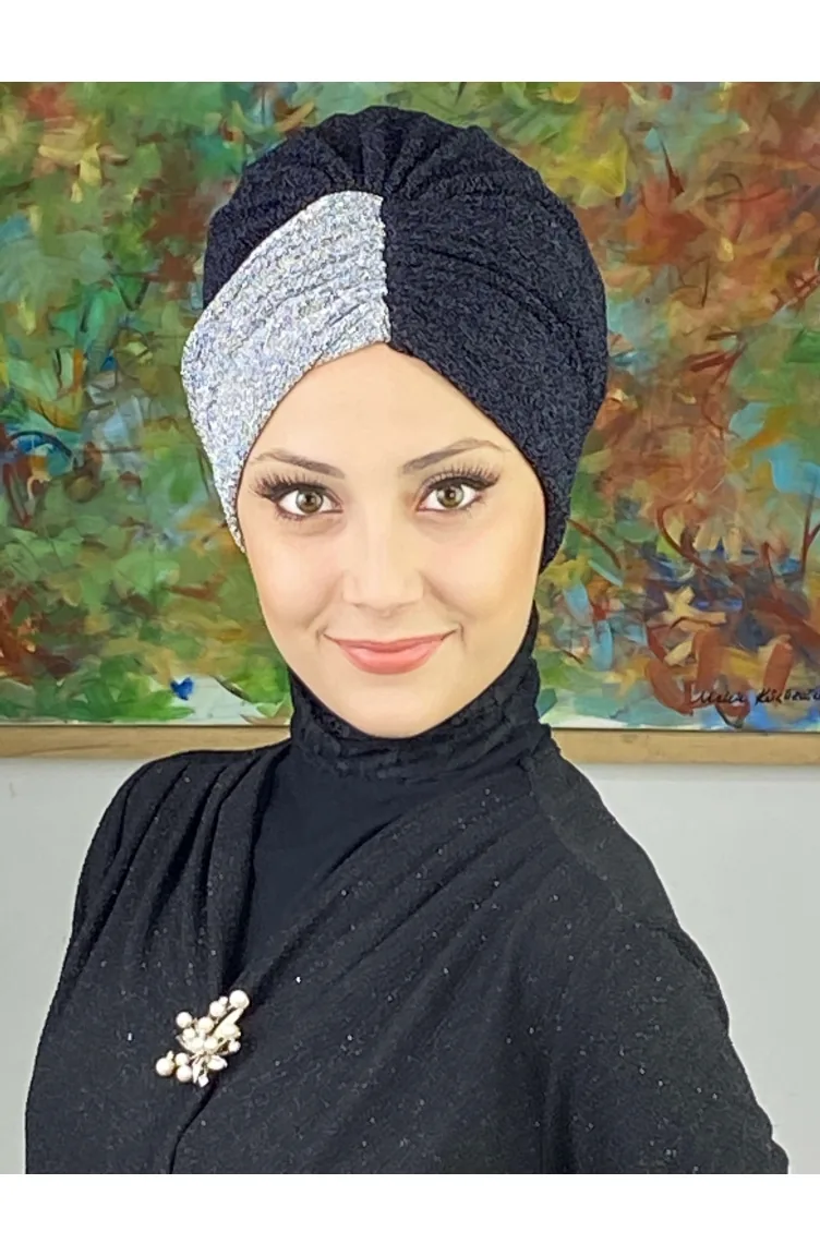 Sultan Model Double Color Gathered Outer Bonnet 1ARA181222-04 Black Gray 1ARA181222-04