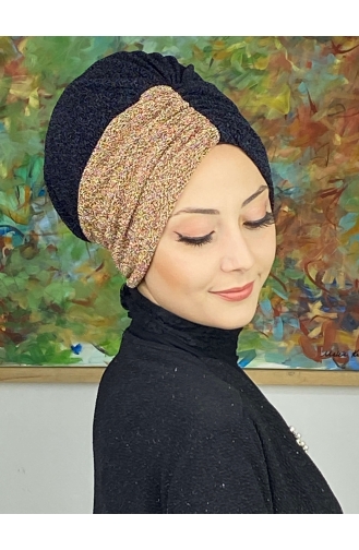 Sultan Model Double Color Gathered Outer Bonnet 1ARA181222-05 Black Gold Color 1ARA181222-05