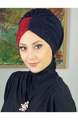 Sultan Model Double Color Gathered Outer Bonnet 1ARA181222-06 Black Red 1ARA181222-06