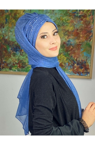 Châle Froncé En Mousseline Argenté Modèle Sultan ARA17SHAL38-04 Bleu 17ŞAL38-04