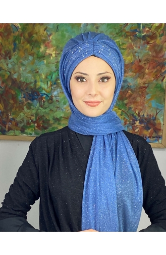 Châle Froncé En Mousseline Argenté Modèle Sultan ARA17SHAL38-04 Bleu 17ŞAL38-04