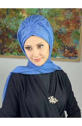 Châle Froncé En Mousseline Argenté Modèle Sultan ARA17SHAL38-04 Bleu 17ŞAL38-04