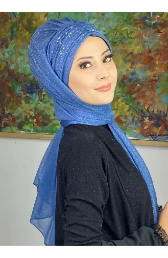 Châle Froncé En Mousseline Argenté Modèle Sultan ARA17SHAL38-04 Bleu 17ŞAL38-04