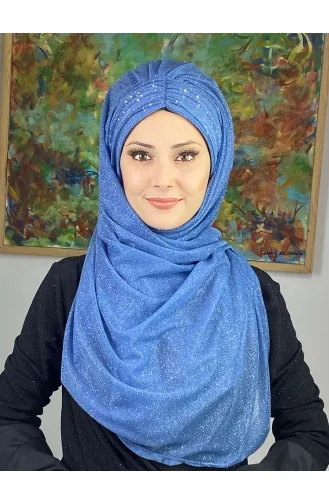 Châle Froncé En Mousseline Argenté Modèle Sultan ARA17SHAL38-04 Bleu 17ŞAL38-04