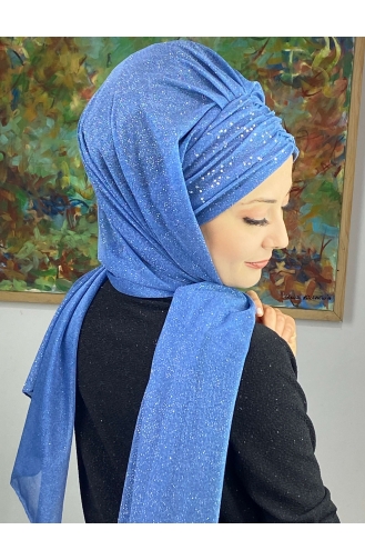 Châle Froncé En Mousseline Argenté Modèle Sultan ARA17SHAL38-04 Bleu 17ŞAL38-04