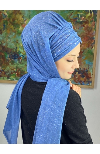 Sultan Model Zilverachtige Chiffon Verzamelde Sjaal ARA17SHAL38-04 Blauw 17ŞAL38-04