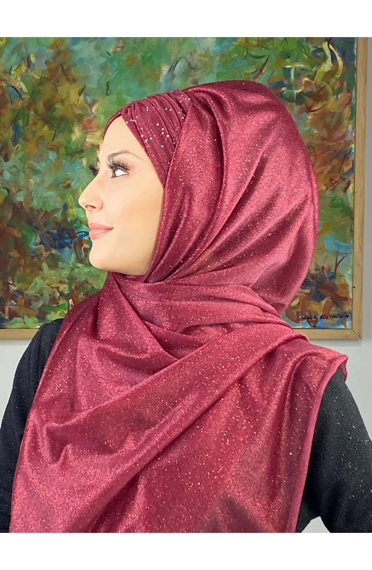 Sultan Model Silvery Chiffon Gathered Shawl ARA17SHAL38-05 Claret Red 17ŞAL38-05