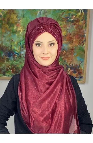Sultan Model Silvery Chiffon Gathered Shawl ARA17SHAL38-05 Claret Red 17ŞAL38-05