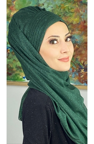 Topkapı Silvery Cross Draped Ready Made Shawl ARA17SHAL64-06 Emerald Green 17ŞAL64-06