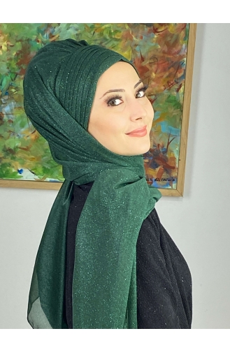 Topkapı Silvery Cross Draped Ready Made Shawl ARA17SHAL64-06 Emerald Green 17ŞAL64-06