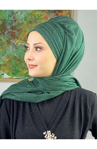 Topkapı Silvery Cross Draped Ready Made Shawl ARA17SHAL64-06 Emerald Green 17ŞAL64-06