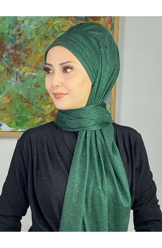 Topkapı Silvery Cross Draped Ready Made Shawl ARA17SHAL64-06 Emerald Green 17ŞAL64-06