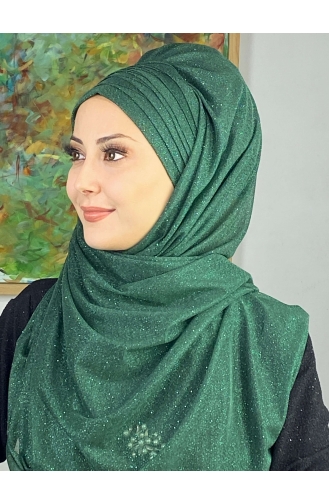 Topkapı Silvery Cross Draped Ready Made Shawl ARA17SHAL64-06 Emerald Green 17ŞAL64-06