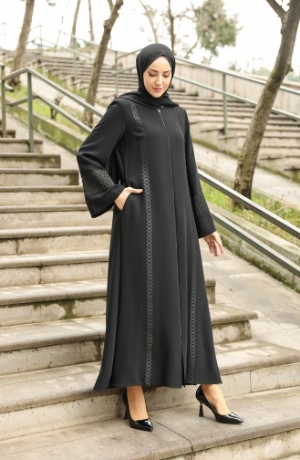 Große Größe Abaya mit Perlen und Reißverschluss 35993-02 Schwarz 35993-02