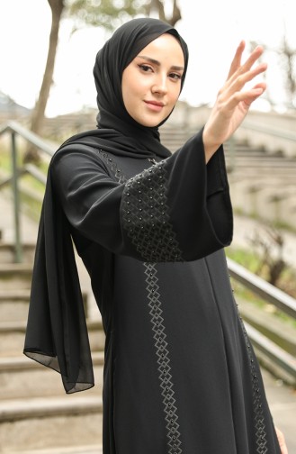 Große Größe Abaya mit Perlen und Reißverschluss 35993-02 Schwarz 35993-02