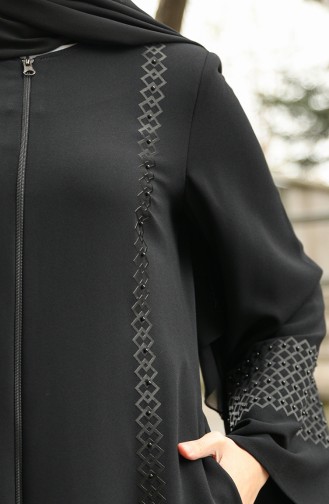 Große Größe Abaya mit Perlen und Reißverschluss 35993-02 Schwarz 35993-02