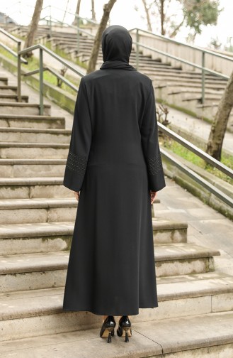 Große Größe Abaya mit Perlen und Reißverschluss 35993-02 Schwarz 35993-02