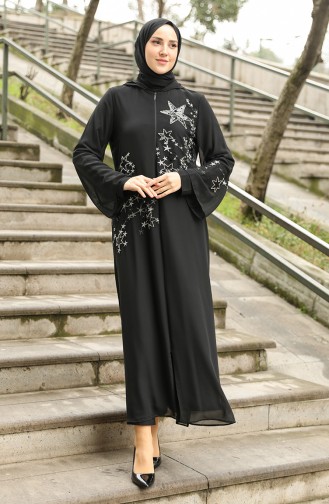 Sequined Hooded Abaya 36009-01 Black 36009-01