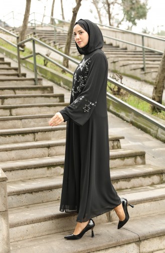 Abaya Pailletée à Capuche 36009-01 Noir 36009-01