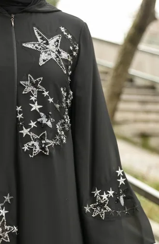 Abaya Pailletée à Capuche 36009-01 Noir 36009-01