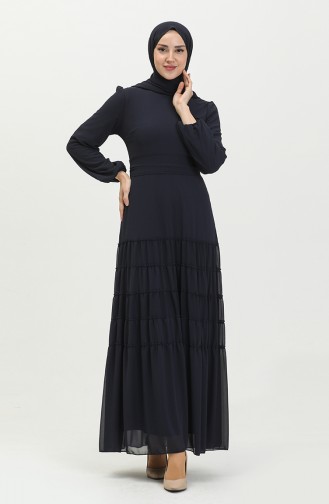 Shirred Evening Dress 5712-09 Navy Blue 5712-09