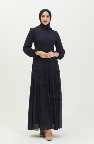 Shirred Evening Dress 5712-09 Navy Blue 5712-09