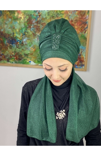 Hürrem Single Unit Glittered Scarf Bonnet 57ARA181222-13 Emerald Green 57ARA181222-13