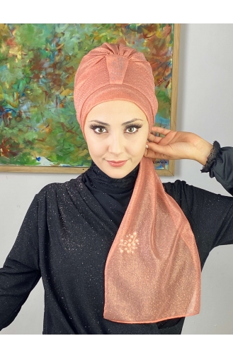 Hürrem Single Unit Glittered Scarf Bonnet 57ARA181222-01 Salmon 57ARA181222-01