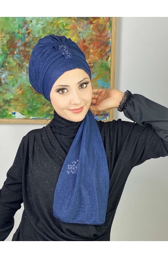 Hürrem Single Unit Glittered Scarf Bonnet 57ARA181222-02 Navy Blue 57ARA181222-02