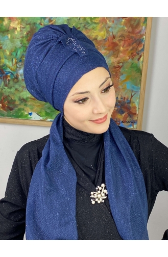 Hürrem Single Unit Glittered Scarf Bonnet 57ARA181222-02 Navy Blue 57ARA181222-02