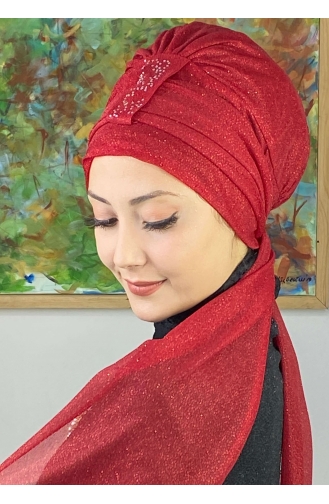 Hürrem Single Unit Glittered Scarf Bonnet 57ARA181222-03 Red 57ARA181222-03