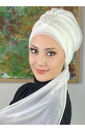 Hürrem Single Unit Glittered Scarf Bonnet 57ARA181222-06 White 57ARA181222-06