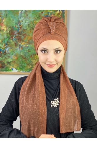 Hürrem Single Unit Glittered Scarf Bonnet 57ARA181222-09 Copper Color 57ARA181222-09