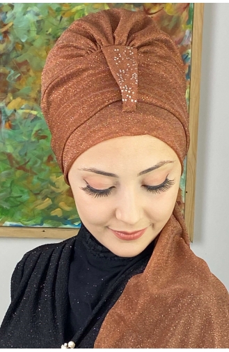 Hürrem Single Unit Glittered Scarf Bonnet 57ARA181222-09 Copper Color 57ARA181222-09