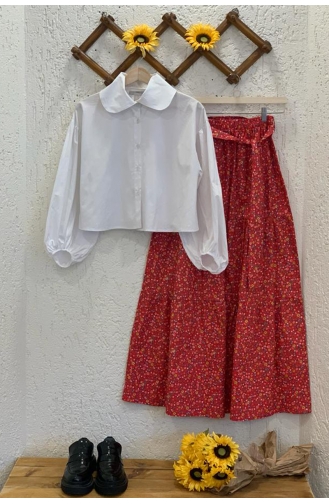 Ceylan Otantik Beyaz Balon Kol Crop Gömlek Kırmızı Küçük Çiçekli Kat Kat Etek Takım 00243-01 Kırmızı