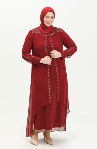 Plus Size Stone Embroidered Evening Dress 5066A-05 Claret Red 5066A-05