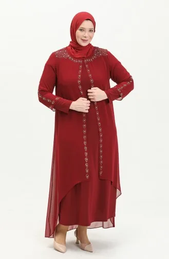 Große Größe Stein-bedrucktes Abendkleid 5066A-05 Weinrot 5066A-05
