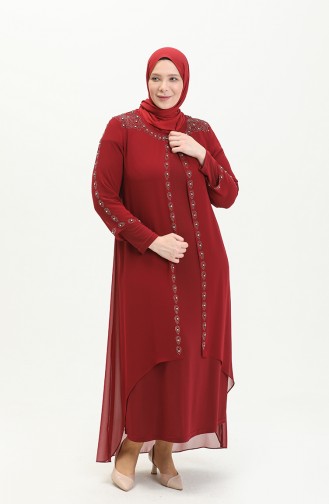 Plus Size Stone Embroidered Evening Dress 5066A-05 Claret Red 5066A-05