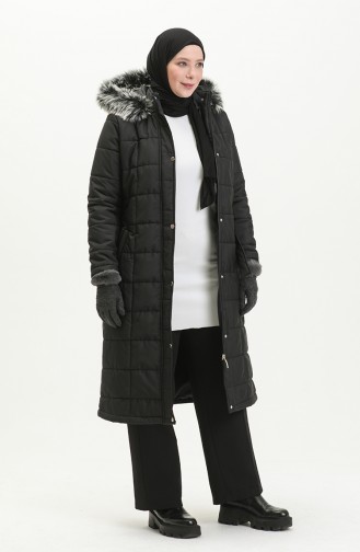 Manteau Matelassé à Capuche en Fourrure 516522A-02 Noir 516522A-02