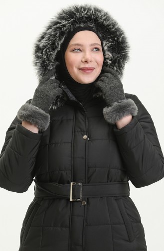 Fur Hooded Quilted Coat 516522A-02 Black 516522A-02