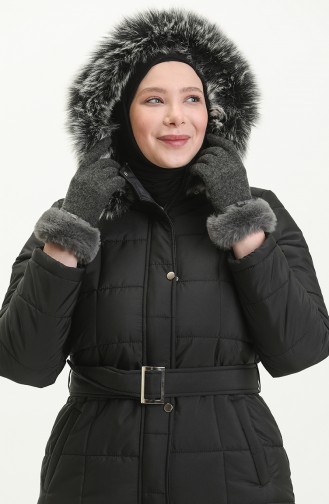 Manteau Matelassé à Capuche en Fourrure 516522A-02 Noir 516522A-02