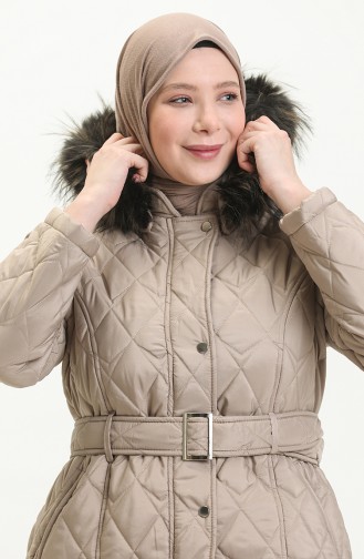 Fur Detail Belted Quilted Coat 504223-05 Mink 504223-05