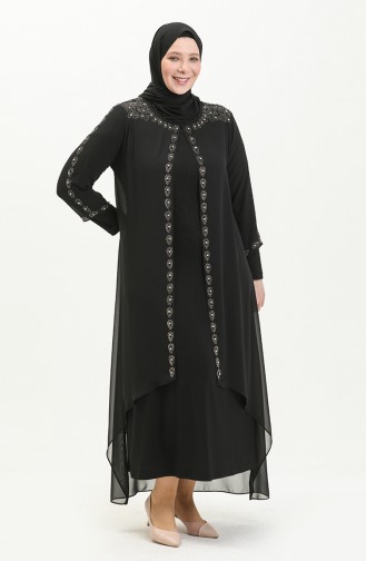 Große Größe Stein-bedrucktes Abendkleid 5066A-01 Schwarz 5066A-01