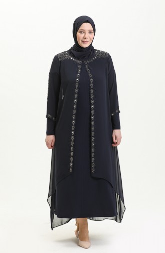 Große Größe Stein-bedrucktes Abendkleid 5066A-02 Dunkelblau 5066A-02