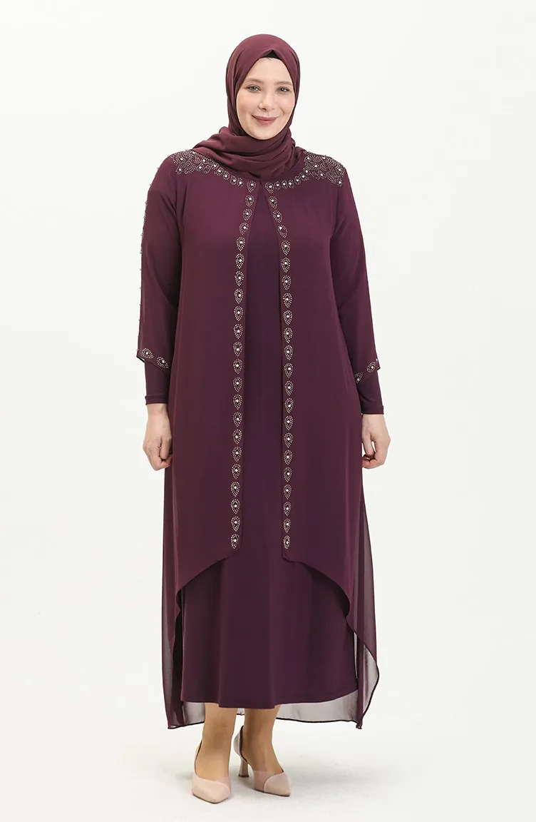 Plus Size Stone Embroidered Evening Dress 5066A-03 Purple 5066A-03