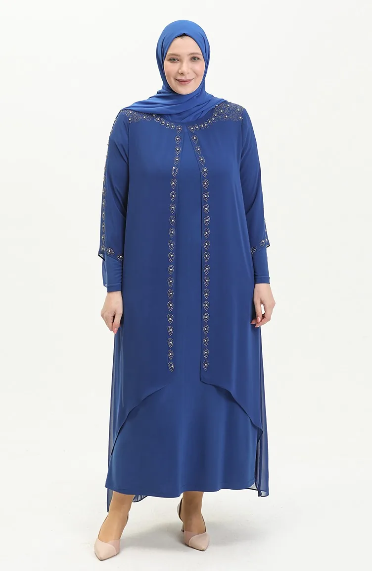Große Größe Stein-bedrucktes Abendkleid 5066A-07 Sax 5066A-07