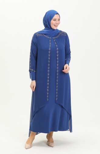 Robe de Soirée Imprimée Pierre Grande Taille 5066A-07 Bleu Roi 5066A-07