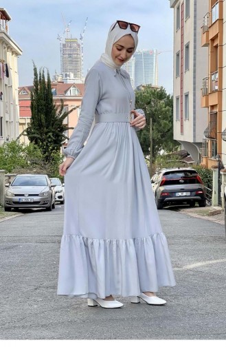 Kemer Detaylı Tesettür Elbise Gri